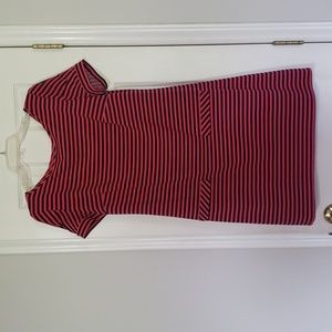 Laundry by design coral pink and navy lined, striped knit dress. Med